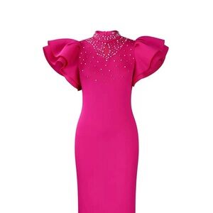 Pink Ruffle Sleeve Dress with Embellished Neckline